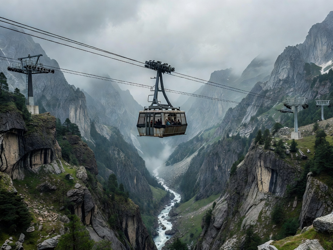 Cable car crossing a steep mountain valley