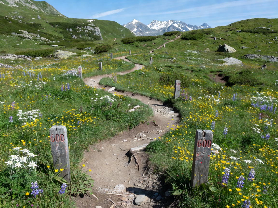 Marked hiking trail winding through alpine meadow