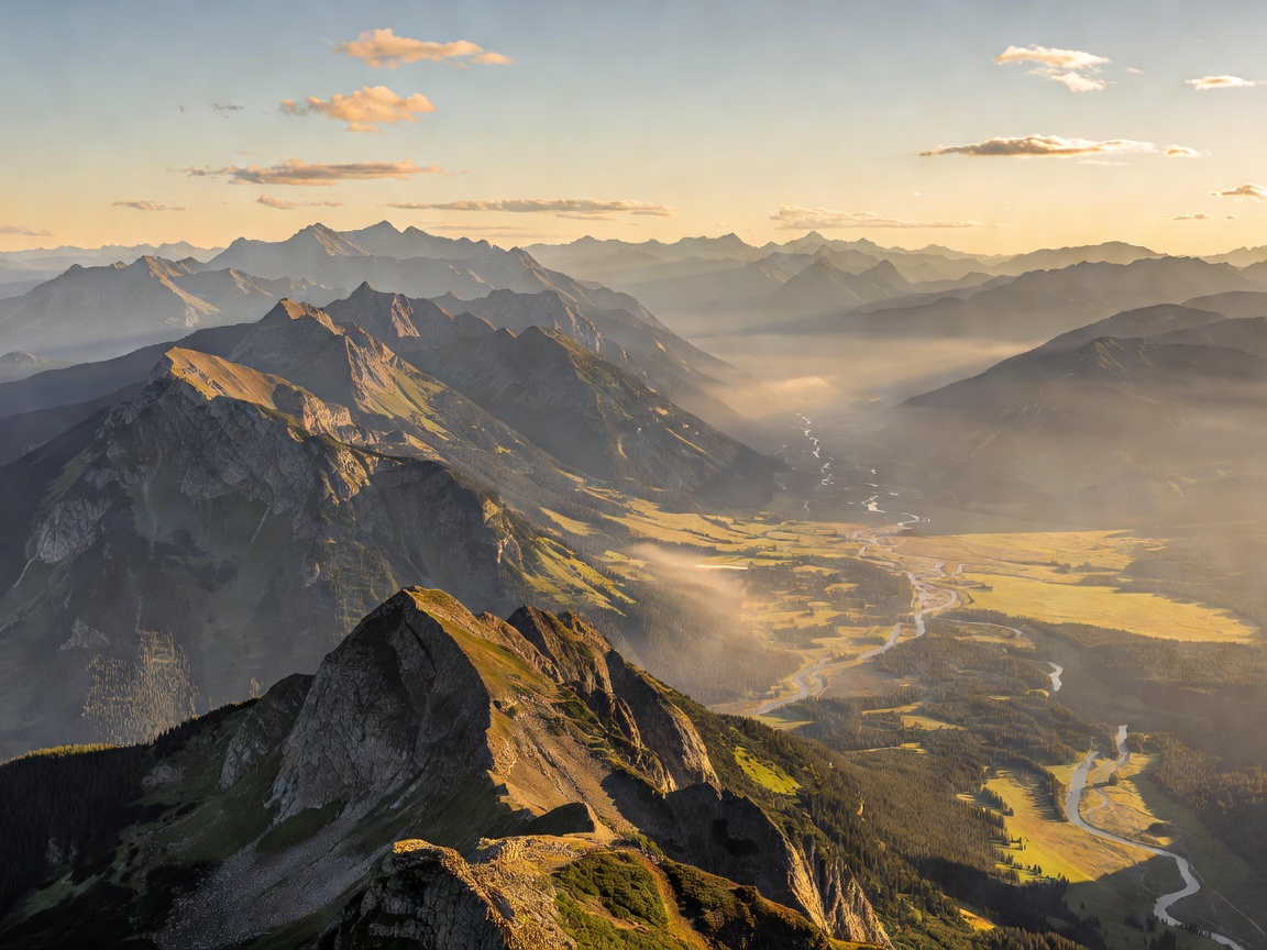 Panoramic mountain valley with layered peaks