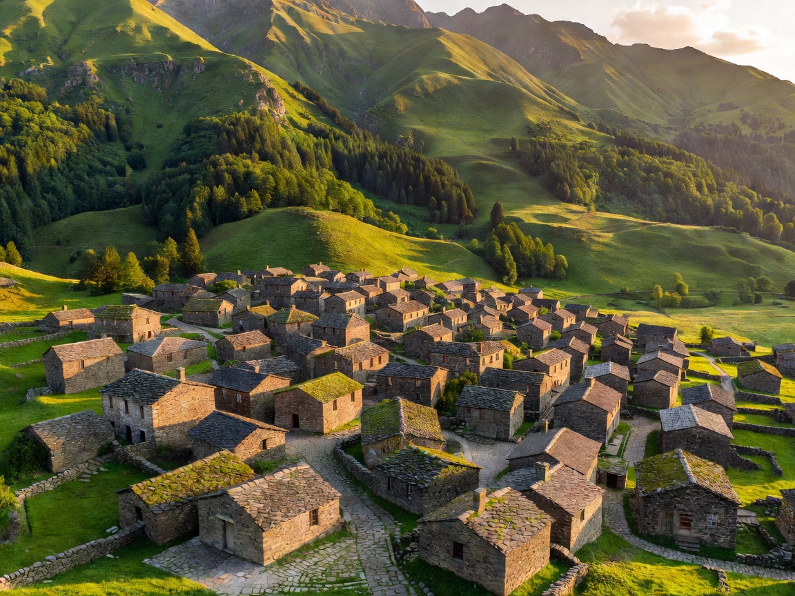 Stone village below green mountain slopes