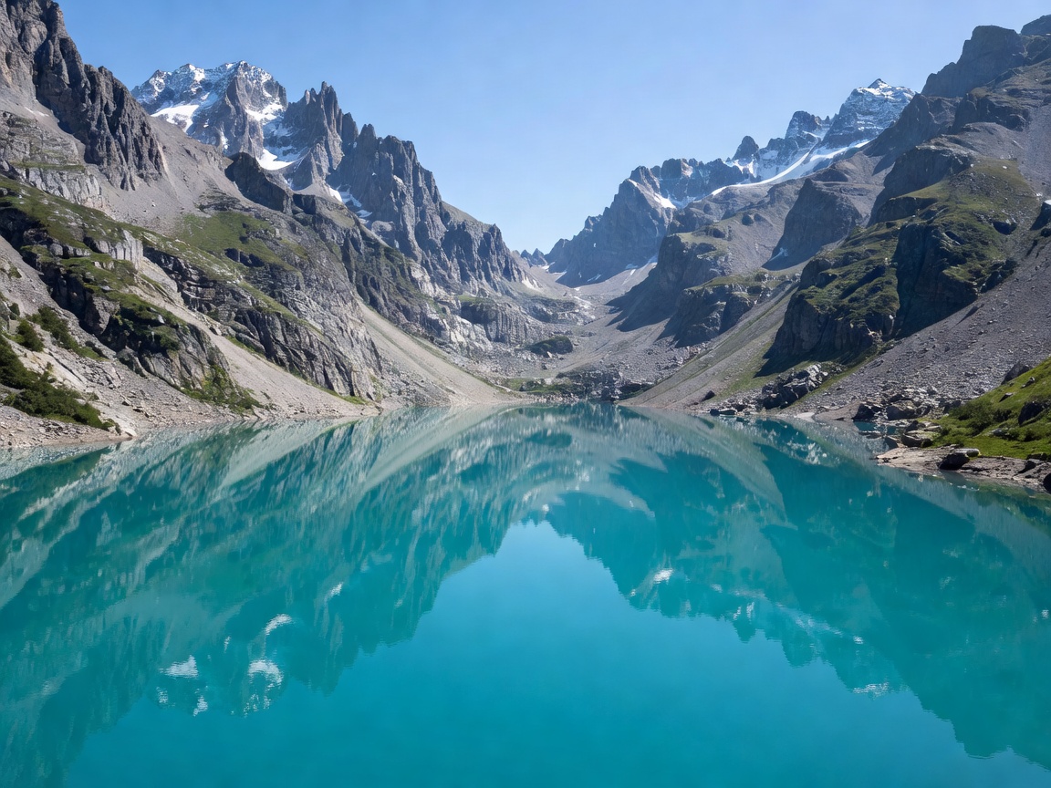 Turquoise mountain lake surrounded by peaks